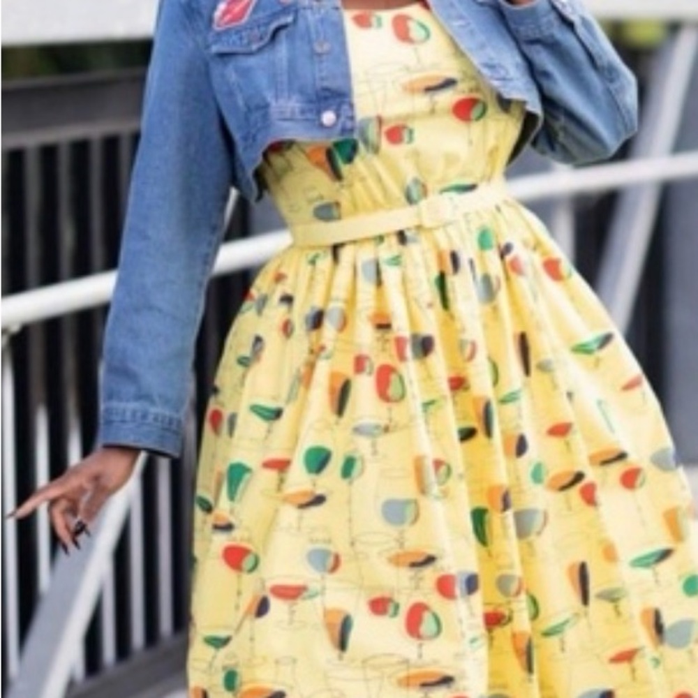 Yellow Cocktail-Print Midi Dress‎ by